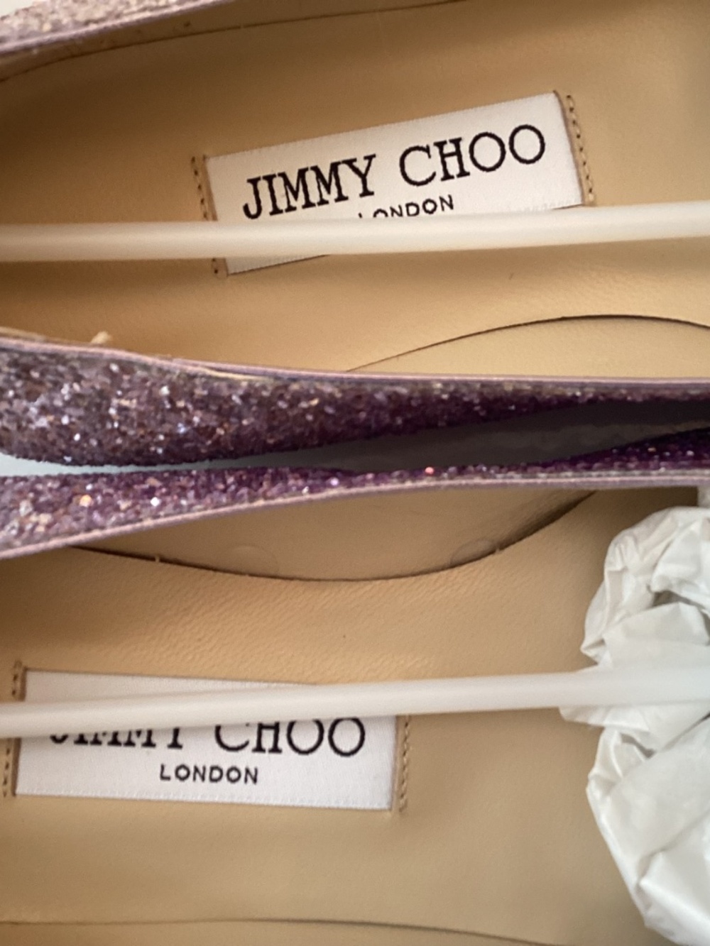 JIMMY CHOO PINK VIOLET SHOE - CHAMPAGNE PINK VIOLET GLITTER FLAT - SIZE 7 / EU - Picture 3 of 9